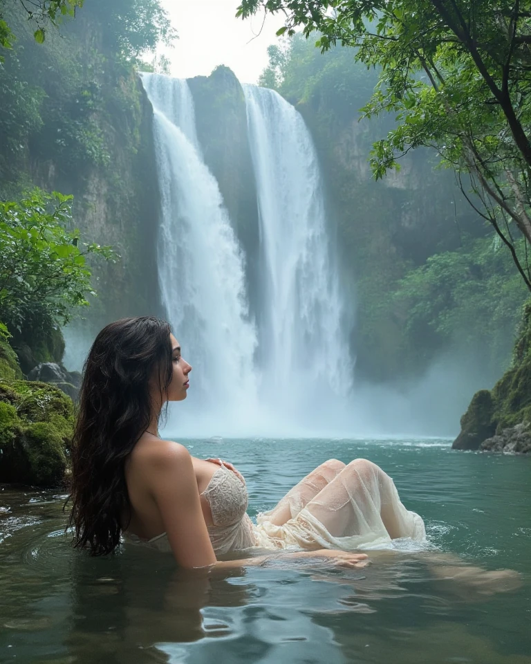 Masterpiece, a beautiful young woman, European Latin, cheerful woman is lying on a rock, waterfall in the background, sunny day. He has a bright, cheerful smile on his face and his eyes shine with happiness. Her long, flowing hair reflects the sunlight as she. The sky is clear and blue, with some fluffy white clouds. She is wearing a transparent and sexy summer dress that flows with the breeze and her entire posture exudes joy and freedom.