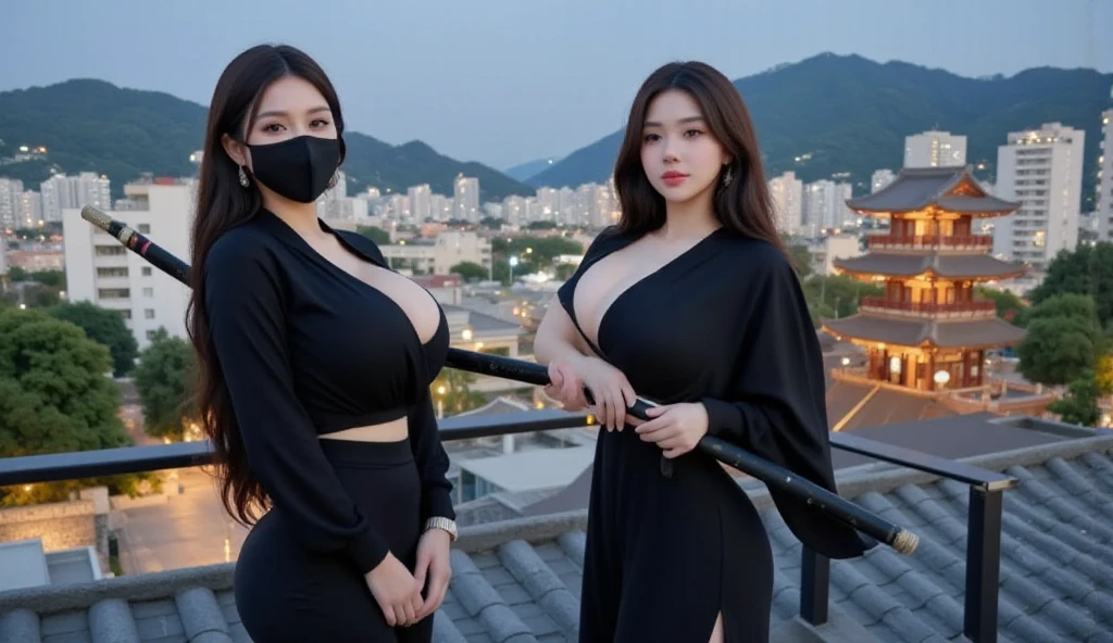 A voluptuous ninja warrior with flowing black hair, wearing a revealing outfit that highlights her curves, set against a moonlit rooftop in a bustling Japanese city, hentai style.