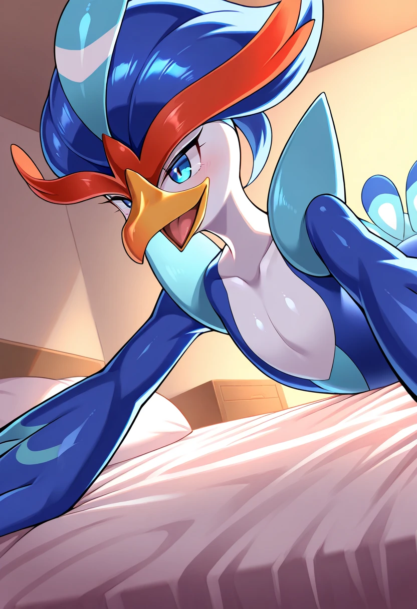 Teathekook (style), ((masterpiece)), ((8k quality)), (no watermark), stolas, male, mouth closed, detailed bedroom, standing, seductive pose, (solo:1.4), sleek, shiny slime body, tail feathers, shiny, slick, gooey, ass