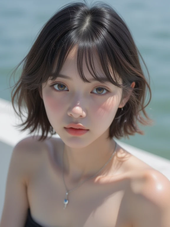 bloom, lens reflection, (8k, RAW, professional, best quality, masterpiece: 1.2), (realistic, photorealistic: 1.37), ultra-detailed, (wide-angle 25mm portrait), (most detailed skin: 1.2), very detailed face, cinematic lighting, 1girl, curly black hair, (windy), dark light, looking at the camera, large breasts,