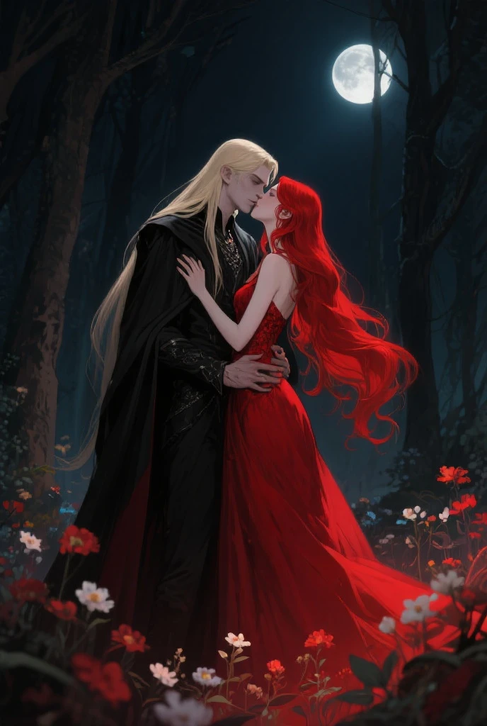 (Night in a deserted woods by a river). Vampire woman, (full body), blonde, pale skin, fangs bared, hungry, sexy red nightgown, bites a frightened male fisherman. in the style of a painted book illustration, dramatic lighting, (depth of field), ((masterpiece)), ((best quality)), ((highly detailed))