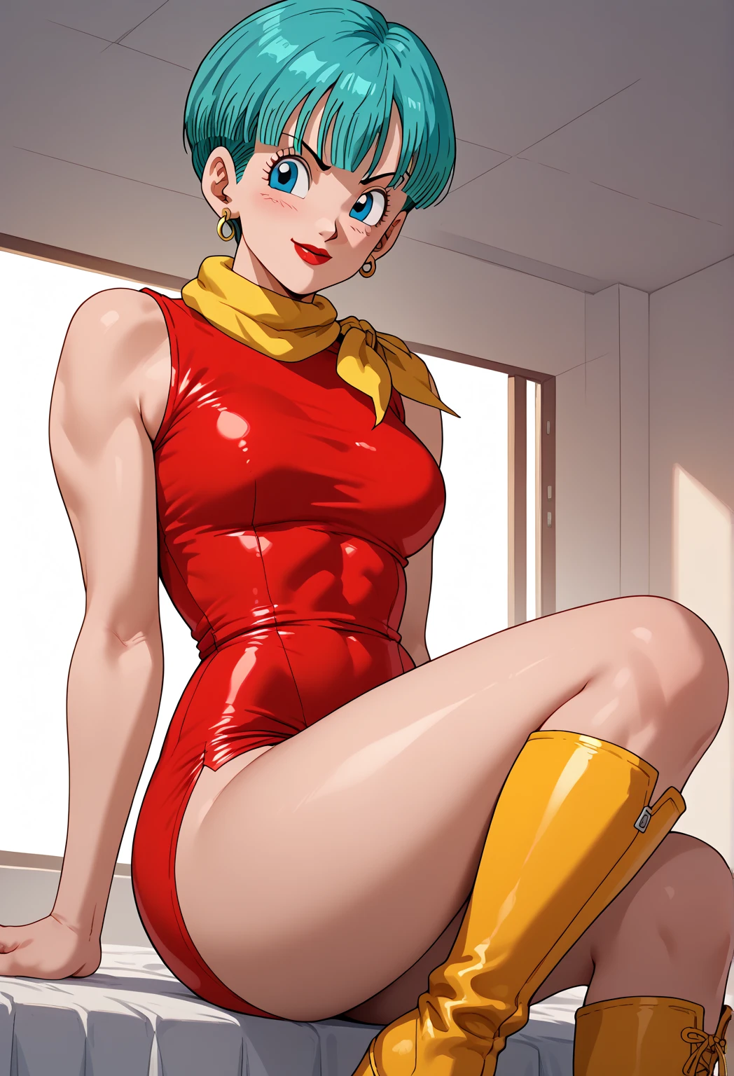 (Muscular:1.9), (thick thighs:1.8),
(aqua hair, short hair, blue eyes, earrings), (big smile:1.4),
hard nipples, (small breasts:2),
(red dress, yellow scarf:1.7),
looking at viewer, (three quarter view:1.5), (upper body view:1.6), (standing up:1.2)
fancy apartment livingroom, rim lighting, two tone lighting, dim lighting, soft lighting, bokeh, detailed skin, detailed eyes