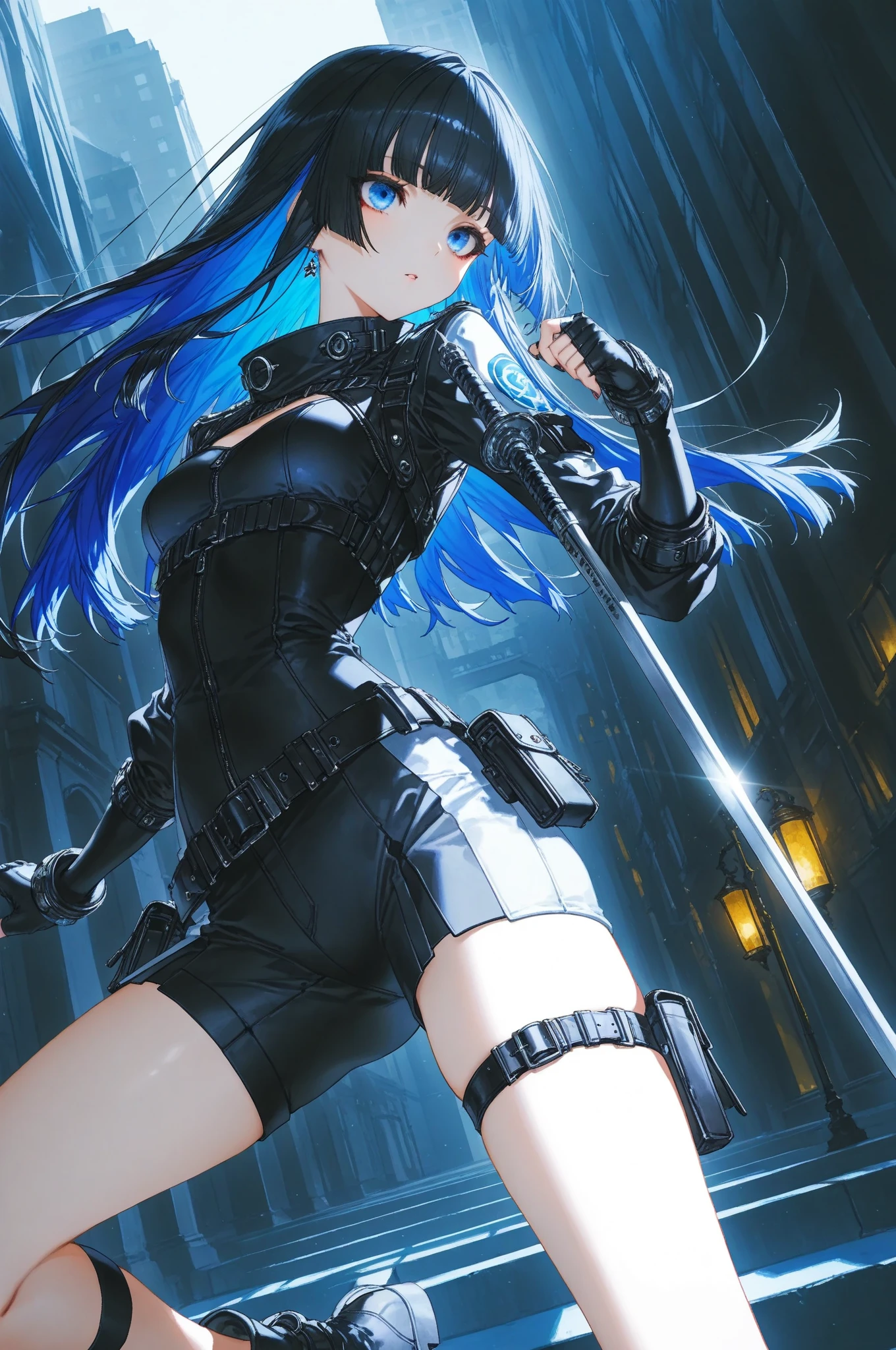 Dark and gloomy whole body 8K uniform rendering, Mature female cyborg, Blue hair, Wearing tattered armor, In a cluttered shack , action shot, tattered torn shirt, Cracking of porcelain skin, skin pore, detailed intricate iris, very dark lighting, heavyshading, Detailed, Detailed face, (vibrant, photograph realistic, Realistic, Dramatic, Dark, Sharp focus, 8K)