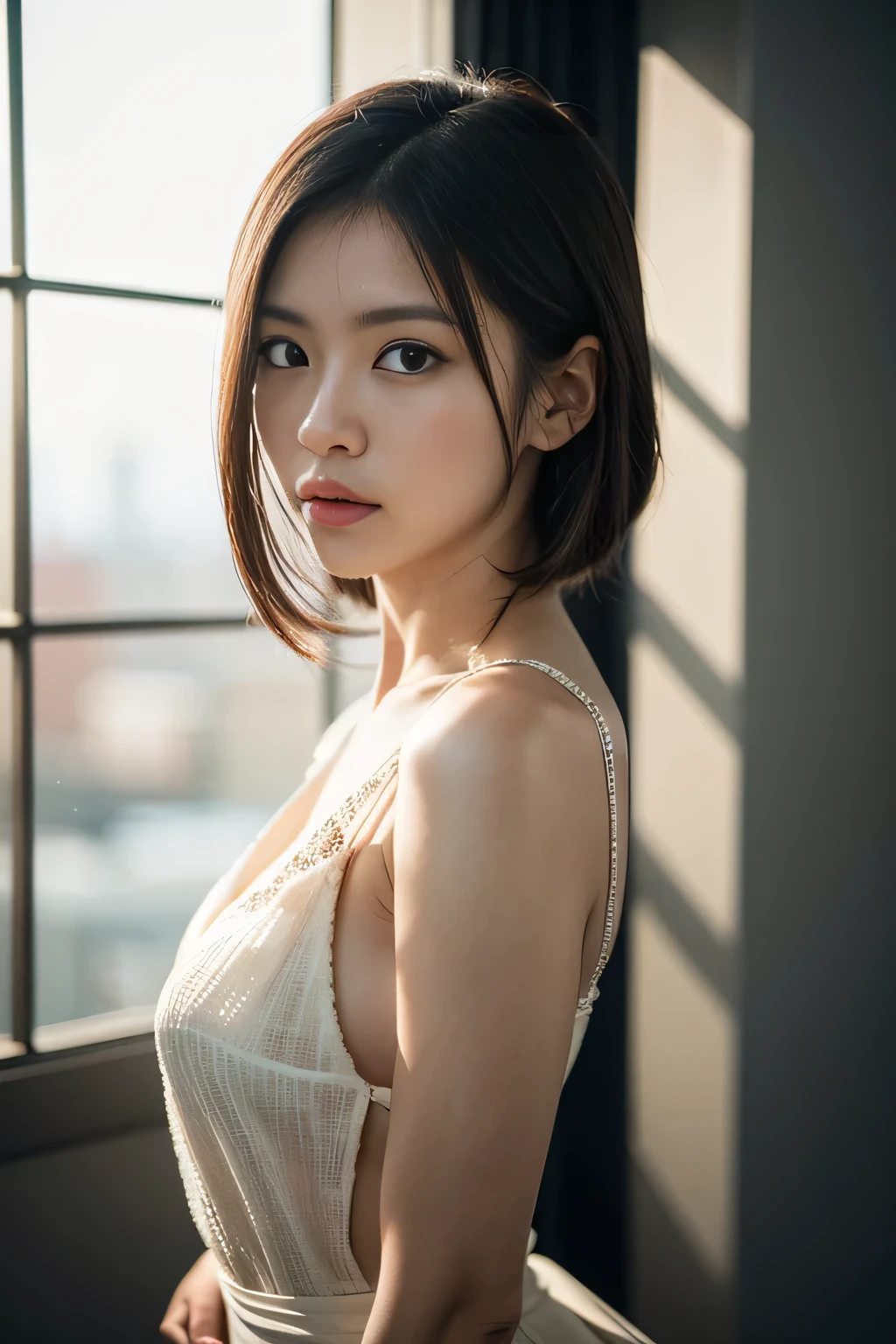 javanese, hijabi, cleavage, reflection light, chiaroscuro, depth of field, cinematic lighting, ray tracing, Sony FE GM, UHD, super detail, masterpiece, textured skin, high details, best quality, award winning,3D,hdr(HighDynamicRange),Ray traching,NVIDIA RTX,Hyper-Resolution,Unreal 5,Subsurface scattering、PBR Texture、post-proces、Anisotropy Filtering、depth of fields、maximum definition and sharpness、Many-Layer Textures、Albedo e mapas Speculares、Surface coloring、Accurate simulation octane rendering of light-material interactions、Two-colored light、largeaperture、Low ISO、White balance、the rule of thirds、8K raw data
