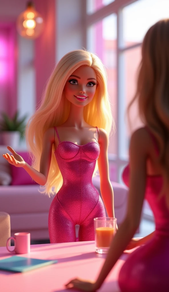 there is a young athletic kinky gay yellow blonde man with a wet back hair style, towbar, (like 60tis Ken from Barbie) in a pink and turquoise latex outfit with a BIG Ice Cream ((Sorbet)) on a yellow table, sitting behind a yellow table In a 60tis (((American pop art style))) ICE CREAM SHOP. Frontal pose, symmetric composition, Hyper realistic. Wide Angle shot. soda themed scene bubblegum, rendered in sfm, photorealistic boy render, commission for high res, [ 4 k digital art ]!!, 3d, detailed digital pop art style, zoomed out, more background, short 50tis hair cut, man, male, wider scene, bright scene, one person, one male protagonist,