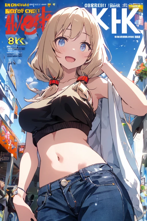 European girl, blush, twintails, (loli)1.2 13 years old, smile, blue eyes, large breasts, backlighting, bokeh, (blond hair)1.2, looking at viewer, wide-eyed, tight string white bikini, sea side, side view,