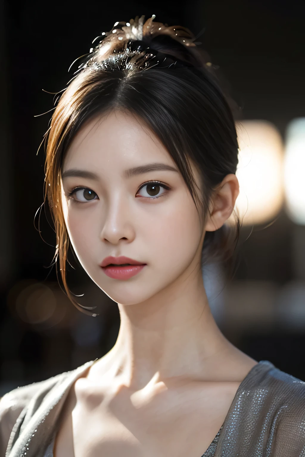 beautiful japanese woman, perfect face, clear skin, delicate features, cinematic lighting, low key lighting, shadows on face, moody atmosphere, dim light, sharp focus, ultra-detailed, photorealistic, soft expression, portrait, looking at viewer, bokeh background, dark color tones, high-fashion, Sophisticated style, confident pose, dramatic lighting, luxury brand outfit
