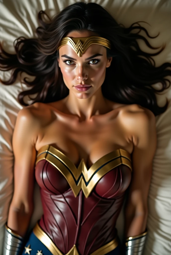 wonder women without shirt in bed , photo realistic better eyes high definition 9:16 real colours