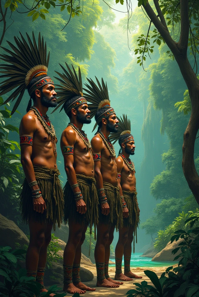 "A contemporary reinterpretation of Albert Eckhout&#39;s work, where indigenous Brazilians are portrayed in an urban environment, wearing clothes that mix traditional indigenous and African elements, enquanto interagem com tecnologia moderna, como smartphones e tablets. Keep the emphasis on connecting with nature and ancestral cultural aspects, but bring to light the influence and adaptation of these cultures to contemporary society."