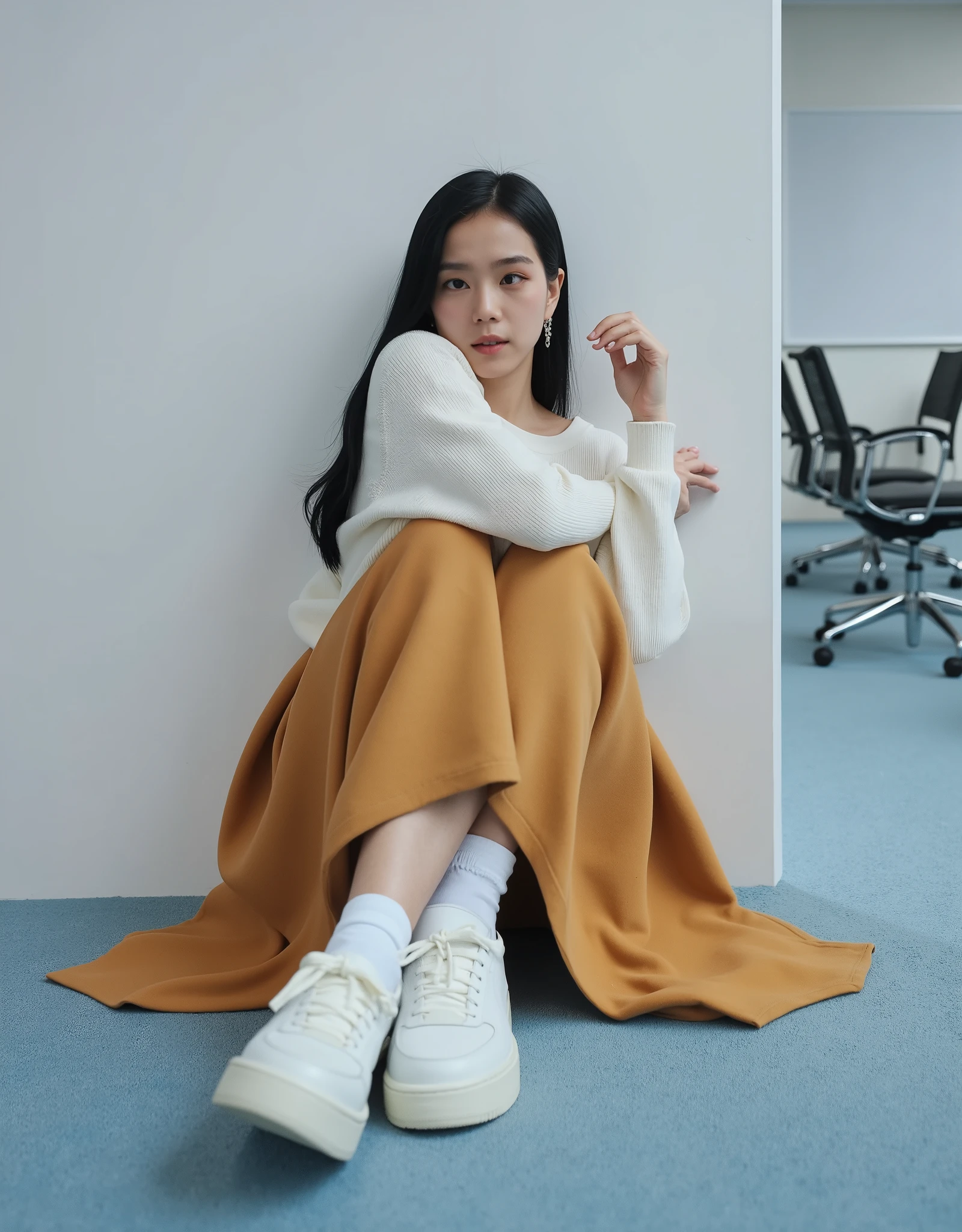 (RAW photo:1.2), (Photorealistic:1.4),Beautiful detailed woman, very detailed eyes and faces, A detailed eye, ultra - detailed,A high resolution, The is very detailed, best quality, real photo, unified,8k wallpaper, best quality, 1 girl, Alone, Autumn and winter outfits, Asian, Japanese, 153cm height girl, The background is blurred out, full body image, curvy girl, Exquisite beautiful face, deep eyes, A beautiful lady, best quality, Full-body portrait of a 25-year-old girl, poker face, no smile, , A beautiful lady, Asian, Japanese, long straight hair, black long straight hair, Low height, poker face, no smile, flat lying on the ground in front white wall in an empty conference room, light blue carpet, Wearing white sweater, Wearing a ginger yellow suede fabric long circle flared skirt midi length, long skirt is covered the legs, white sport shoes, Whole body photo, full body wallpaper, well-lighted, High resolution, sharp photo, best quality, studio well lighted, natural white day light, realistic, up angle camera shot, overlook camera