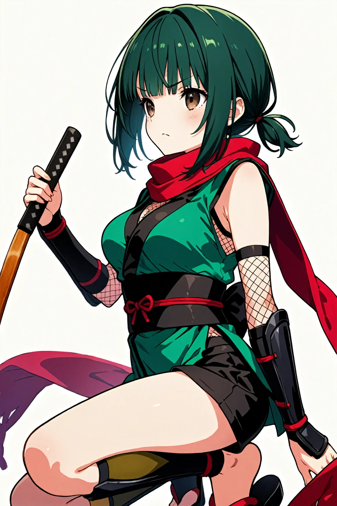 Green hair big chest big ass mouth with lipstick short clothes sitting on the floor with sword in hand 