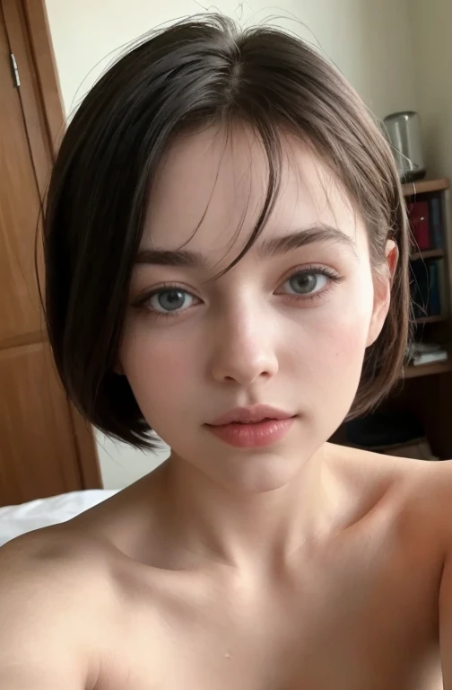 girl  naked with short hair, blue eyes , round face with lovely, taking selfie, lying in bed , group hug
