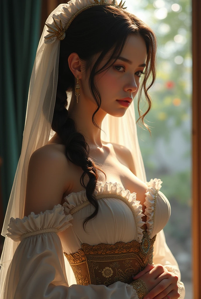 high quality photos, masterpiece, ultra high definition, (realistically: 1.4), Realistic style,original photo, 1 girl, british maid, Ruffled Maid Katyusha, ponytail, Braided hair, ruffled translucent shirt, ribbon tie, apron, miniskirt, puff sleeves, white, glowing skin, victorian era, no gray background, stand by the window,Full body image,cleavage,black garters,