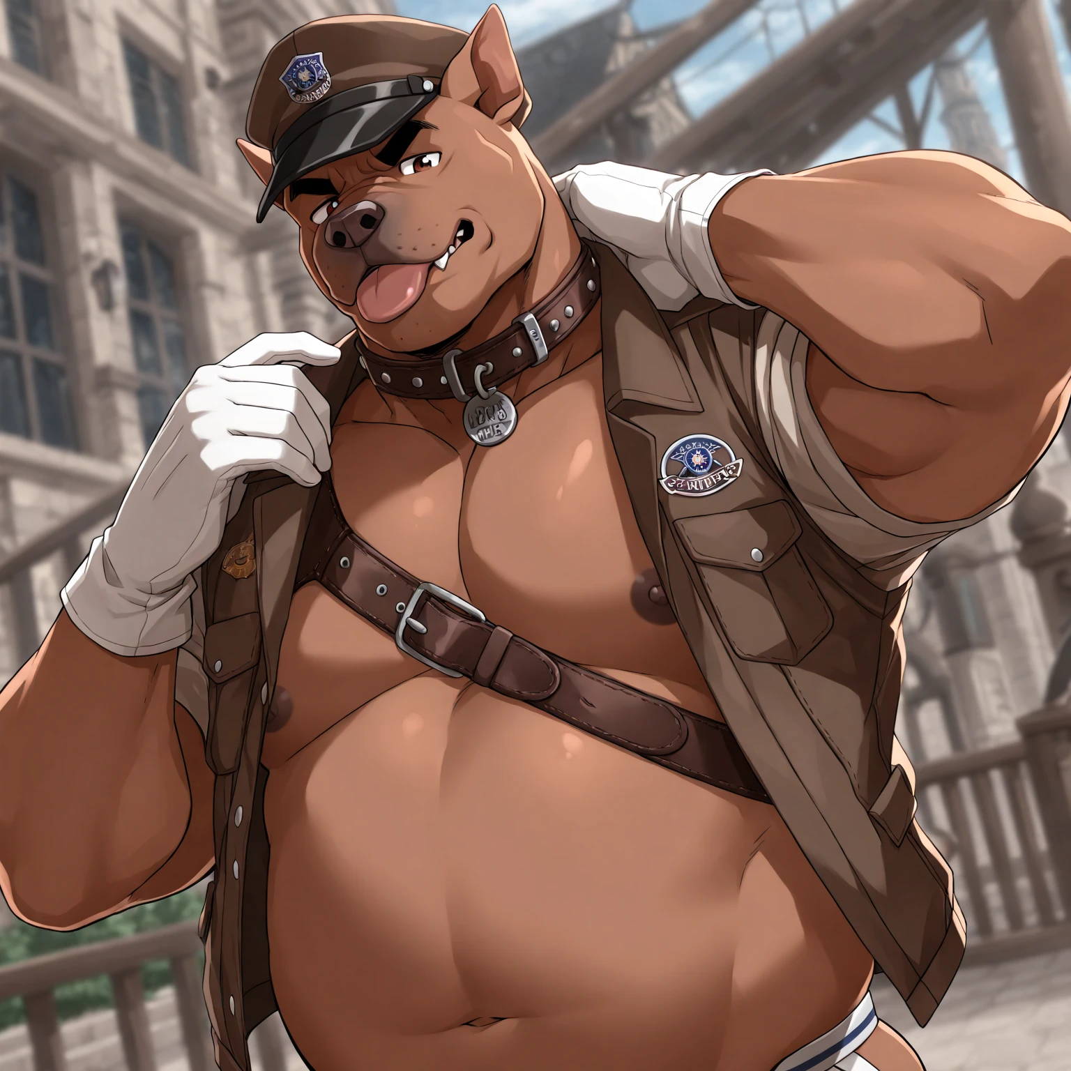 POV,top angle,sleep on stomach,lats,trapezius, lift,kemono, anthro (brown dog), male, (brown dog), big muscular, back, red body, white belly ,sweat, ((correct anatomy)), kneeling, big erecis, bik, show assen legs, 1 , solo, pain expression, canine tooth, hd, dark shadows, wide dynamic range, hdr, low light:1.2, front view, full body, canid, canine, canis, domesticbrown brown dog mammal, nordic sled brown dog, fullbody, full res, collar dog, smile, police hat, police office, open mouth, tongue out, nipple piercing, happ, put hand behind head, hands up, cum, sperm , cum on helly, ing slack sprshoes, screaming,big , in the alley, morning, natural light, above view, masturbate, pinch the nipple, person stan