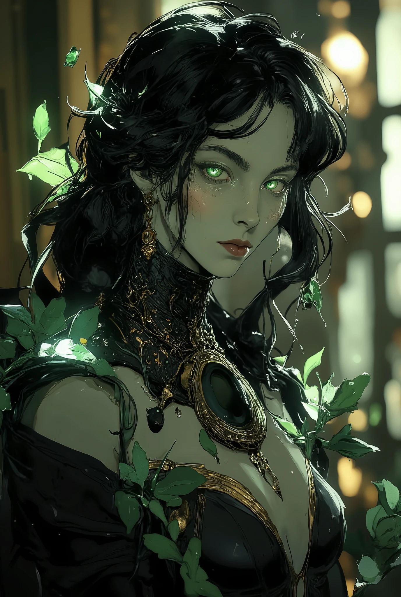 Fragile Elegance: Lilly’s ethereal beauty is mesmerizing, her slender frame, willowy build and graceful movements reminiscent of moonlight and mist. Her skin is ghostly pale, akin to fine porcelain, accentuated by raven-black hair that cascades down her back like silk. Her large, luminous eyes, a striking shade of vibrant green, burn with an inner fire, revealing a stubborn spirit. Her demeanor is aloof, yet her sharp intellect and unwavering spirit burn in eyes.
Black Attire & Hidden Scars: Lilly’s wardrobe is impeccably tailored, favoring high-necked, long-sleeved gowns in shades of black. Underneath, a network of thin, silvery scars reveals the scars from healing tries, carefully concealed from view.