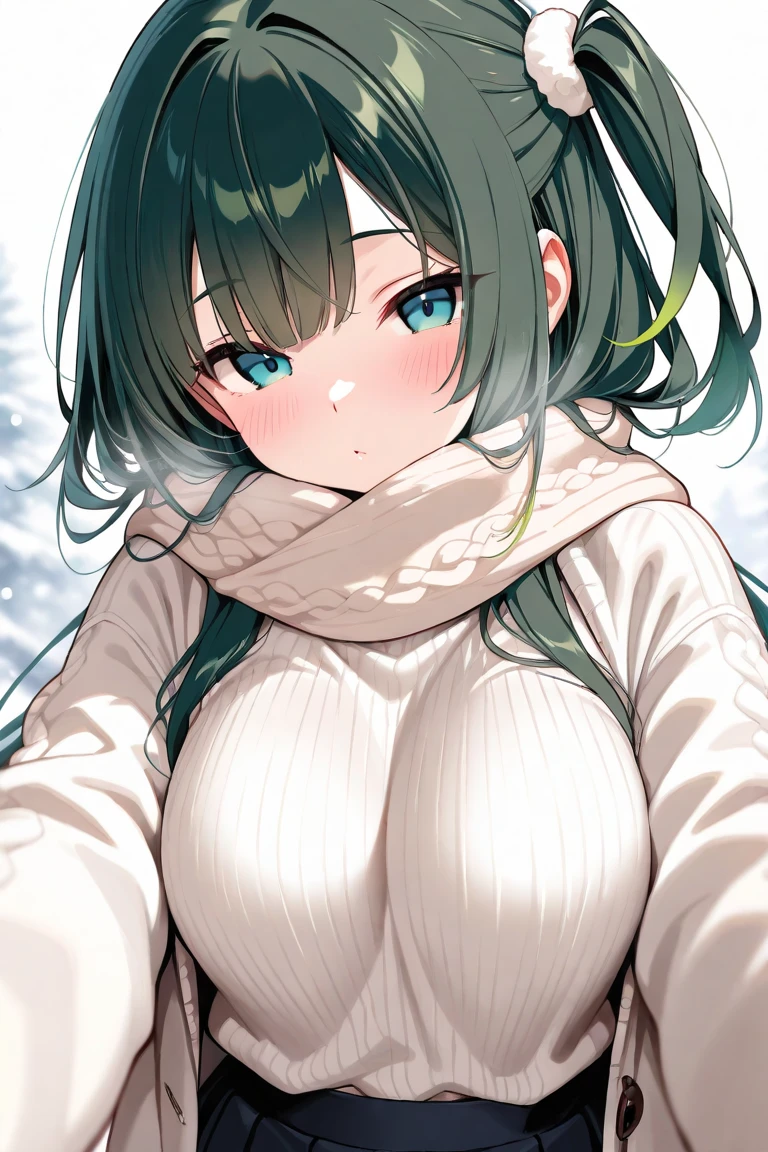 (long hair ,dark silver hair with some black strand of hair, embarassed face) , green slit eyes, catgirl, open oversized teddy jacket, tight t-shirt reach just above large ample breast about to spill out, exposed chubby stomach and midriff, tight splits jogger shorts, big ass and hips, nice lighting, snowy environment