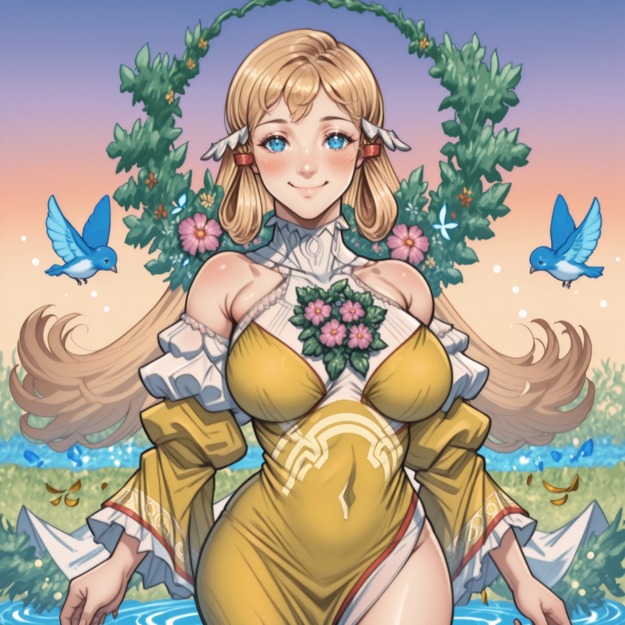 (full nude),(masterpiece), (1 girl), (smile), (huge breasts:1.2), (close up of chest), (long hair), (outstretched arm), (looking at the viewer), (From before), (hair flower), (flower garden), (Pasture)