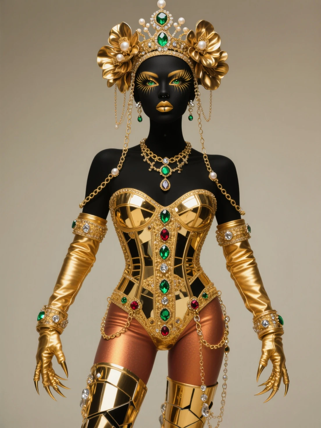 (((Femme noir africaine, peau couleur ébène intense et profond, peau parfaite, en mouvement, marche, full body))), ((best quality, extremely detailed:1.8, hyperRéaliste:1.5, photorealistic:1.5, grande profondeur de champ, vue de face, very beautiful 35 year old woman, Prise de vue en direct, robe tailleur de directrice)), ((femme debout, she has a serious pose, very long hair, black hair with gold and shiny green highlights, quelques mèches tressées, tresses africaine, ses cheveux volent dans le vent)), ((detailed black african woman face looking at camera, yeux verts claire électrique, cheffe d’entreprise, feline silhouette)), (photorealistic), sharp eyes, poitrine push-up, very thin waist, jambes longues, longues jambes, fine and detailed hands, detailed hairstyle, very long hair, femme charismatique, charisme, charismatique, sparkling eyes, cheffe d’entreprise, engineer, intelligente, directrice, scientifique,