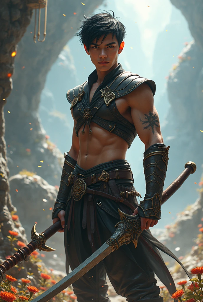 .skinny man, aged 29, medium and white hair, yellow pupils , scar on left eye, with a tattoo of a golden bird on his chest, shirtless and wearing black pants, holding a mythical in his right hand, Black boots, quality 8k.