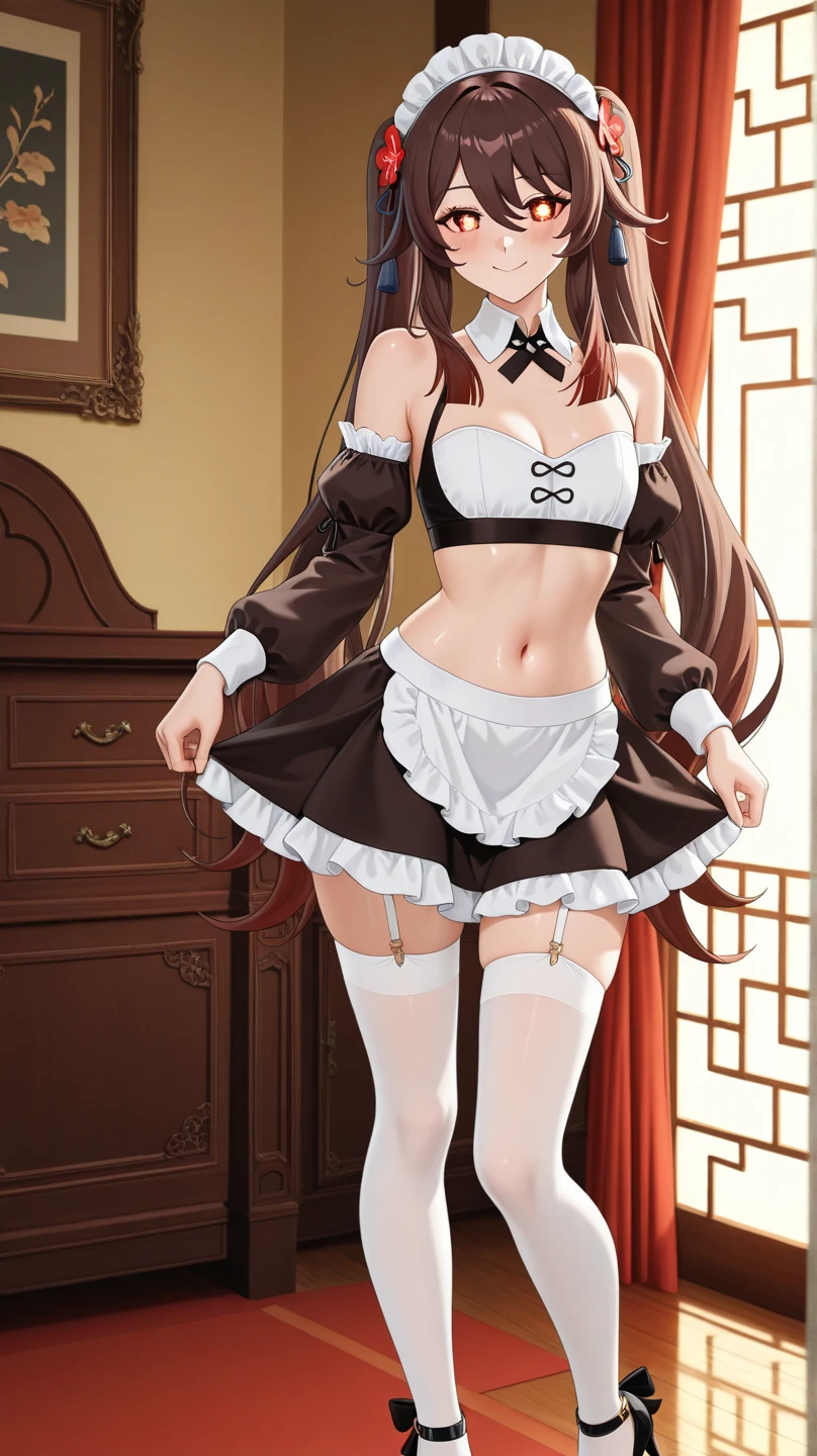 the woman is wearing a Maid clothes standing up on the floor, solo, panties, underwear, skirt, (Shiny wine red satin lace panties:1.3)、panties that cover the butt、garter belt, lying, thighhighs, skirt lift, looking back, realistic