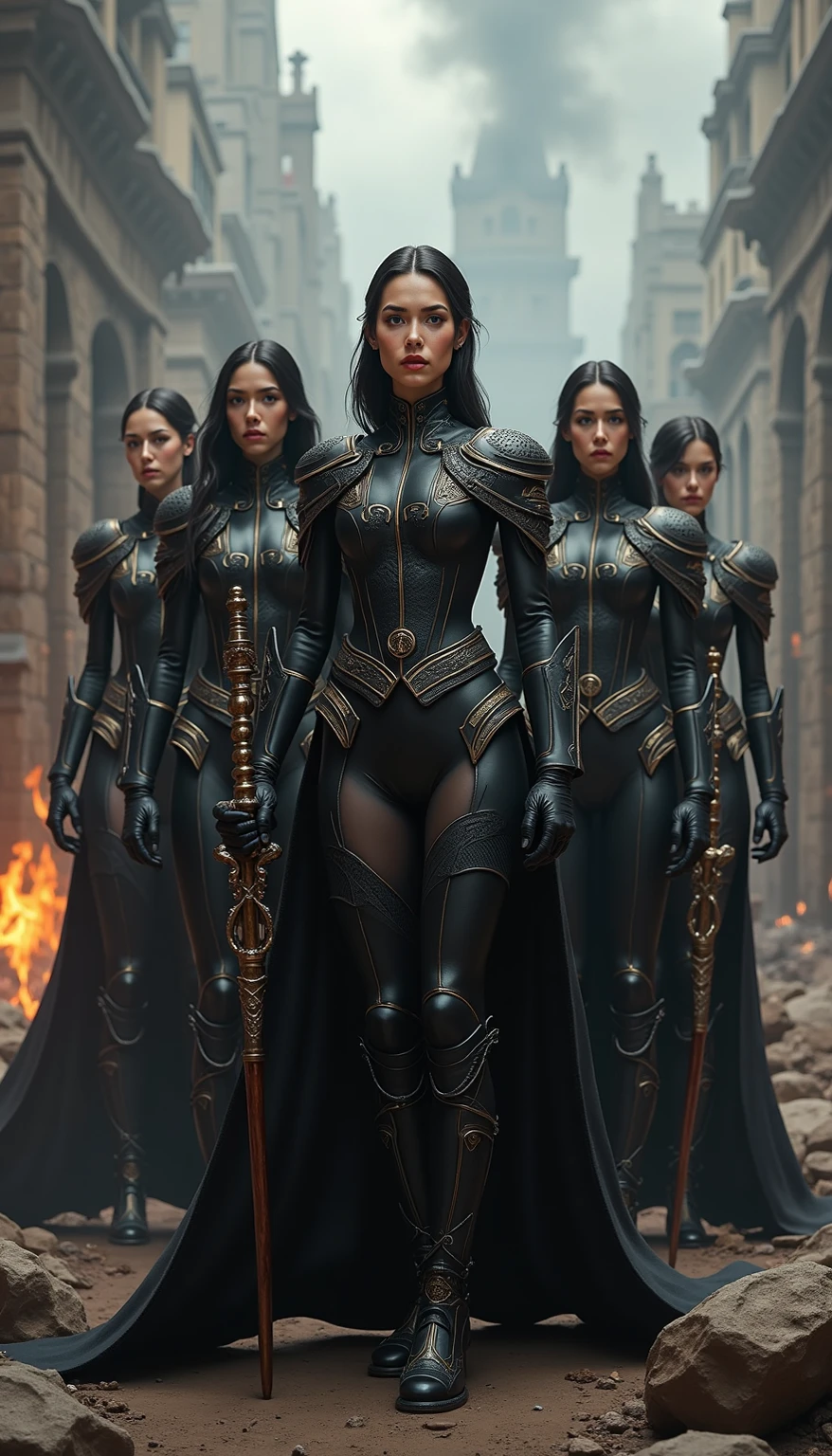 3 girls(((corpo inteiro))), standingn, muita roupa, from head to toe (((three personagem))), feminino, (((pele escura))), uma mistura de tecnologia e tribal, Cabelo preto com Rabo de cavalo, Olhos Azuis-Claros, e a moldura Azul Claro, ((Black Metallic Gauntlets and Greaves with Red and Silver Highlights)), (((As Roupas tem uma Mistura de Moderno e Tribal))), tendo em sua Maioria a Cor Preta, mas tendo Partes em red, Shoulders on Display, No quadril, a short that extends to mid-thigh in black, corpo inteiro.