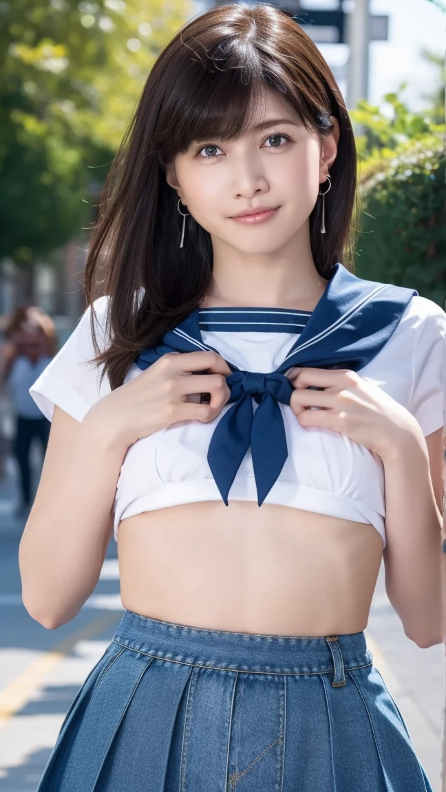 (masterpiece, highest quality:1.2), 8k, Young and beautiful girl, Twin tails、85mm,Official AR RAW Photos, Baby Face、Very small breasts when clothed、show me your ears、photo shoot, Cute face, Thighs, After school classes, Looking at the audience, Embarrassing、smile、No makeup, Film Grain, chromatic aberration, Sharp focus, Face Light, Bright lighting, 10 generations, Detailed face, Background blur、((((((14 year old high school girl))))))、Narrow waist、Sailor suit,,(Show me your nipples)、(Huge breasts:1.2)、((topless))、、Navy blue pleated mini skirt、Lift up your skirt with your hands、White tiny panties、(Knee-high socks)、Full Body Esbian Open Legs