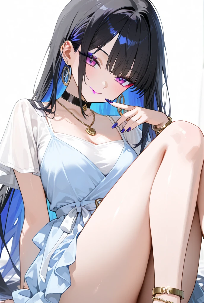  Blue V-neck sweater，White skin, beautiful face and long legs，Black hair loli bun，Sweet peach face makeup，individual，necklace