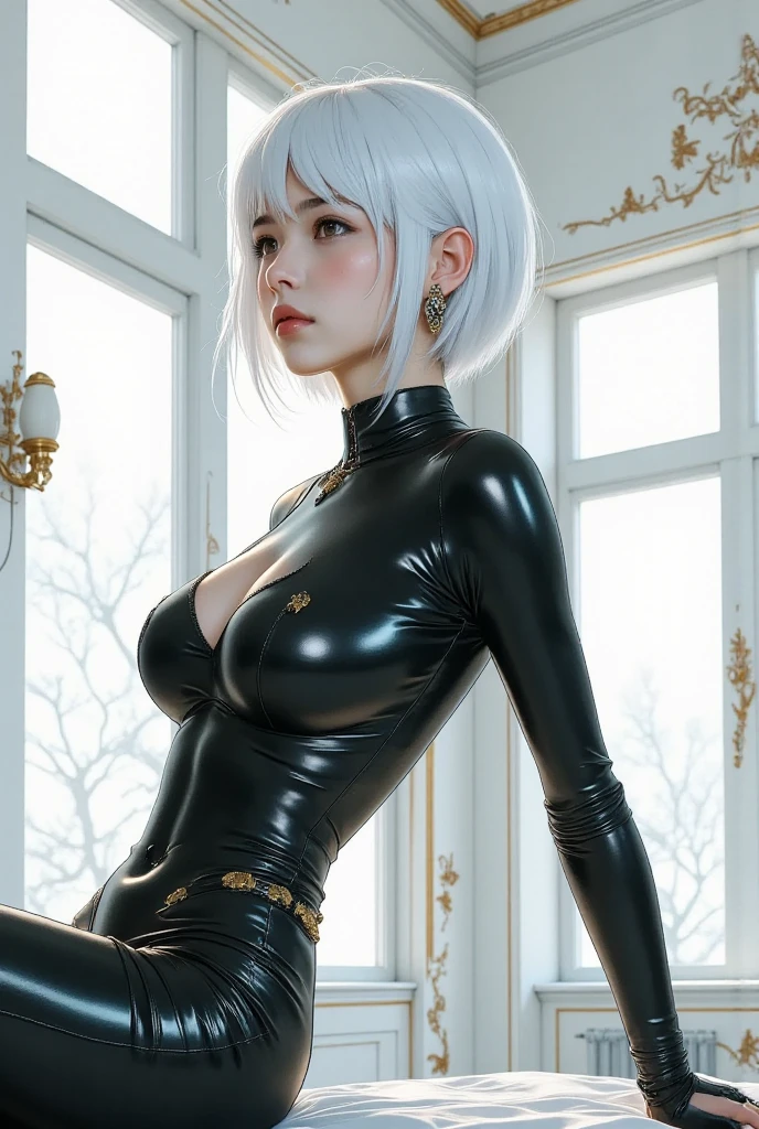 Create an image of a 2 woman with short, white-gray bobbed hair. She is wearing a modest, elegant black dress that is not revealing. Her eyes are a striking yellow, and she has fair skin with a slender figure. She exudes a mysterious aura, and a dragon's tail extends from behind her, blending seamlessly with her appearance."