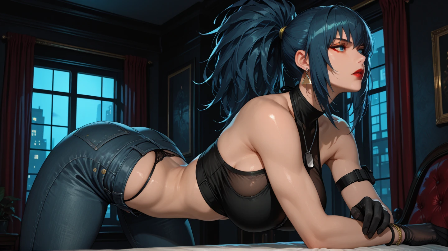 ((ultra quality)), (detalhado), rosto perfeito, nfsw, 8k, 1 girl, ripped panties, lying in sofa, ass up, black sofa, blue hair, long hair, yellow eyes, colossal ass, colossal boobs, anime girl, cat ears, behing ass, ultra lighting, ultra details, olhar de safada, warm lighting, bunda empinada, ass slapped, love tattoo in butt, very detailed body, brown skin body, late afternoon sun lighting