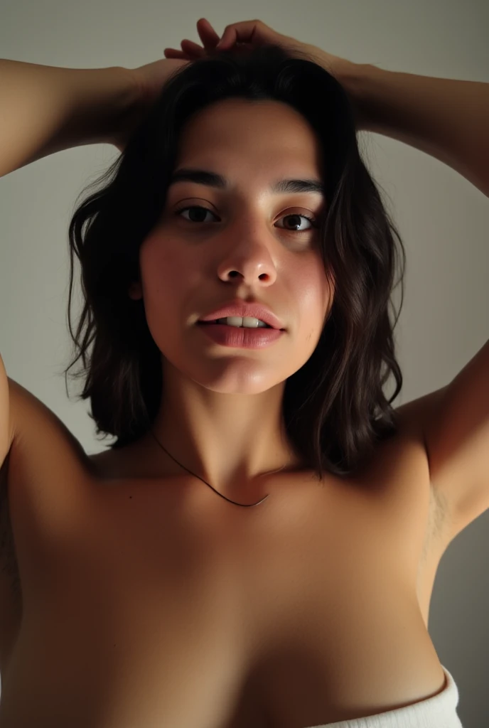 (((ultra realistic))), view from above, Vina Sky is squatting with her legs open, view from above, (high angle), she is exposing her vagina, mid shot Photo, masterpiece, top quality, (pale skin), (Ultra detailed face and eyes:1.3), 1 girl, Adult, nude, (Eye makeup, mascara) , ((large detailed lips)), ((brunette wavy hair)), ((Chyolka)) , ((Natural breasts)). ((Posing)), photoshoot, studio (soft lighting), glamour makeup, smoky eye shadow, (The play of light and shadows), depth of field, bokeh, (special attention to skin detail: 1.2), (Dark atmosphere of the frame, Dark color scheme), ((mid shot)) , ultra detailed, visible nipples, (((mid shot))). Visible nipples, athletic body, thigh gap, athletic body, minimal body fat, narrow waist, wide hips, she is smiling, bottomless, no panties, ((nude)),  tiny body, skinny body, , small breasts