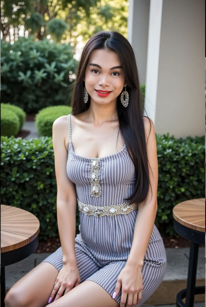 RAW, Best quality, high resolution, Masterpiece: 1.3), Beautiful Malay mature woman (40 YO), Masterpiece, ((show the armpits)), Perfect slim body, Beautiful big eyes, water eyes, Soft smile, (wearing sundress), smiling, windy, skin details, skin texture details, wide hips, thick thighs, sexy body, morning time, laughing, happy, bright sunlight, flower garden path, blurred background, bokeh,