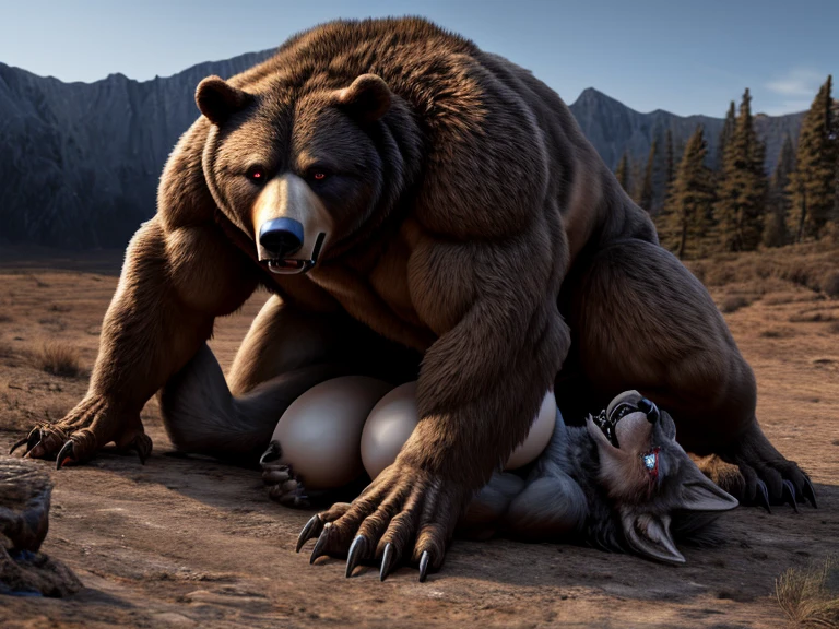 NSFW (nude) (Anna ((human)) medium breasts, strip of pubic hair) vaginal penetration, fucking male furry polar bear with red dog penis, full body, in a deserted snowy landscape