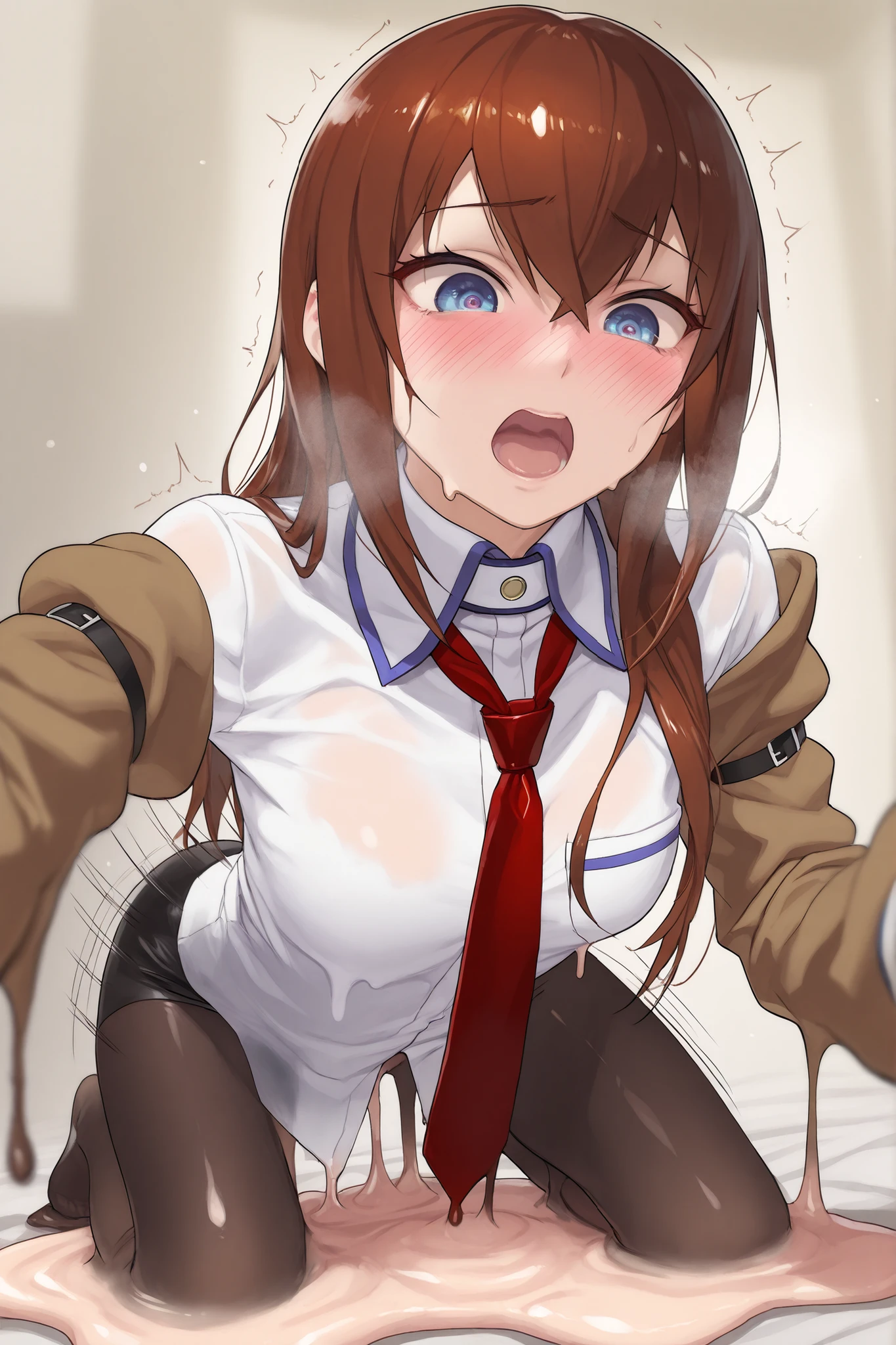 1girl, adult Makise Kurisu, makise kurisu outfit, black pantyhose, red tie, slimify transformation, translucent slimegirl:1.0, full body slimify:1.0, melting:1.0, implied sex, shuddering, full body, (motion lines:1.2),
BREAK slimegirl, slimify outfit:1.0, melting, melting hair, melting clothes,
beautiful detailed eyes, beautiful face,
blushing heavyly, open mouth, heavy breathing,
amazing background, depth of field, great angle, great pose,
amazing quality, very aesthetic, extremely detailed