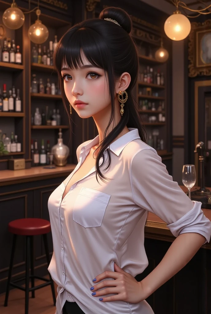 (masutepiece: 1.3), (max resolution: 1.2), (Ultra HDTV: 1.2), cinema lite, Ultra HDTV, (Detailed eyes and skin), (detailed facial features), ultgp, 8K resolution, Sharp Focus: 1.2, Perfect Style, Beautiful Face, accurate, Anatomically correct, Highly detailed face and skin texture, Detailed eyes, Dark-blue eyes, Double eyelids, Thin eyebrows, (dropped eyes:0.65), (Glitter Eyeliner:1.2), Natural cheeks, Glossy skin, (Fair skin:1.2), shiny necklace and earrings, (Glossy lips: 1.4), BREAK, absurderes, One-person viewpoint, (she is Very Cute bartender), (While Wearing a Button up white shirt:1.3), (wear a formal best of Black), BREAK, (Pencil skirt of gray:1.2), (high heels), BREAK, (shy smile:1.2), ((Innocent and very cute girl:1.3)), (high-ponytail hairstyle, Wavy Hair), (Dark brown hair:1.2), Medium Long Hair, (Cowboy shot: 1.2), Focus on Face, medium large breasts, ((Cocktails are being made inside the bar counter.:1.4)), ((In the Luxury Bar at night:1.4)),
