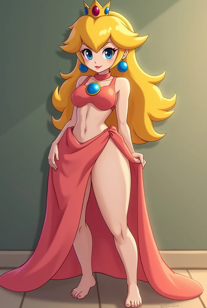 masterpiece, ultra-detailed, best quality, illustration, 8k cg wallpaper, an extremely delicate and beautiful, 1girl, Princess Peach /(Super Mario Bros/), solo, perfect anatomy, smiling, blushing, perfect arms, perfect hands, perfect fingers, perfect legs, cute, pretty, beautiful, sexy, perfect body, (background: castle courtyard, grass, trees, flowers, gate, intricately detailed items in background), <lora:Cuphead:1>