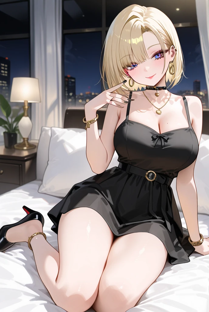 A beautiful woman with long medium blonde hair, Very straight hair Elegant bun hairstyle, (bangs covering one eye) kawaii, Bangs cover the right eye slightly large breasts, blue slanted eyes, (Using a closed brown coat posing with a soft smile against a white background, her right eye visible and eye color yellow, Elegant wearing a black t-shirt wearing a long, tight black skirt, right hand holding the left hand left hand resting on the side of the thigh.