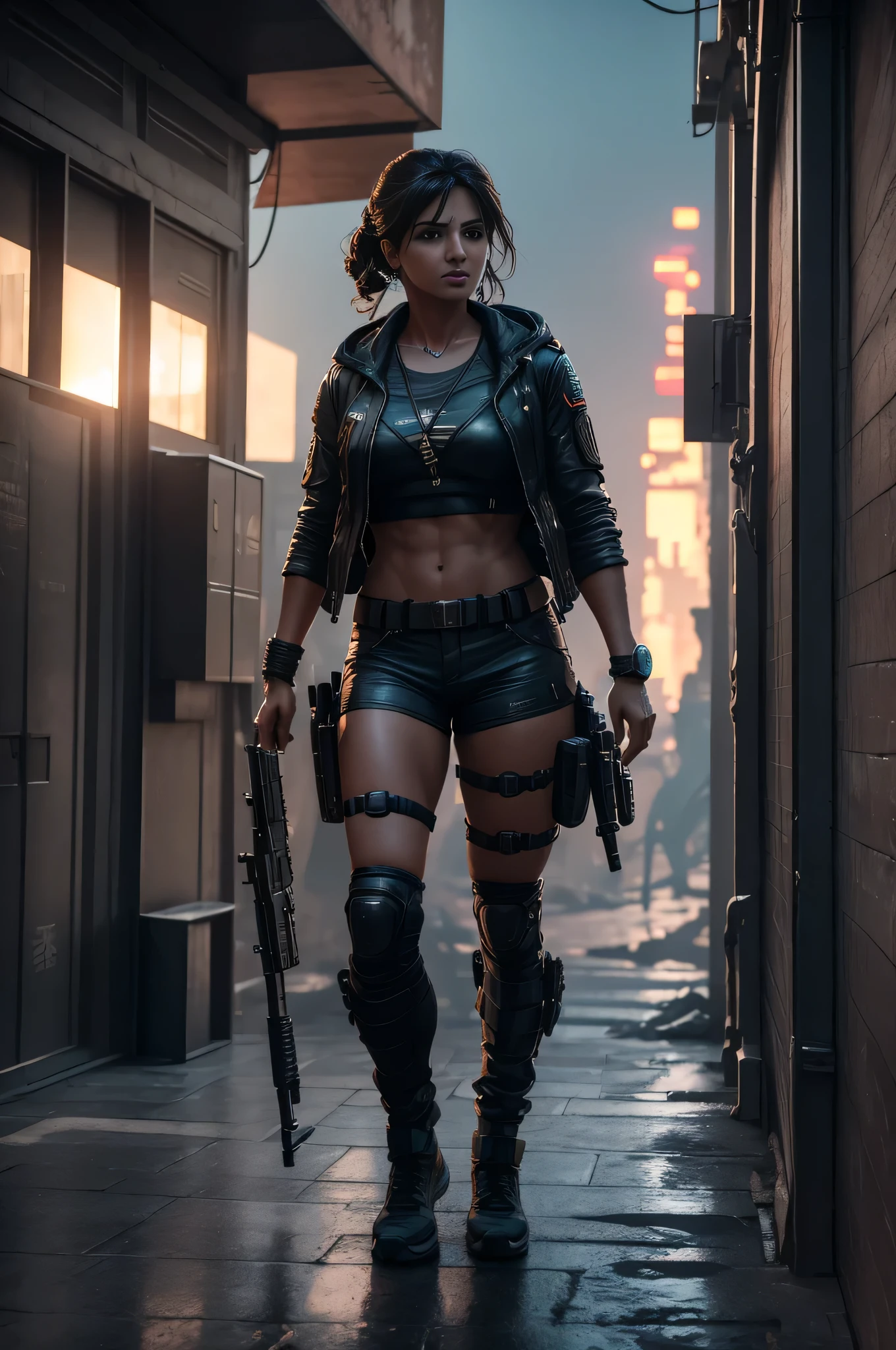 samantha ruth prabhu, uma mulher, 30 anos, guerreira , futuristic world , game character , decote, very muscular body, fitness, HDR , (Insane details, hyper realism: 1.2), (detail of insane skin), full body, Tactical Short Jacket and Tactical Tiny Shorts , (photo realistic skin: 1.4), cinematic lighthing, (rim lighting: 1.3 ), color grading, focado, Cyberpunk background , city at war , (High Skin Detail: 1.2), poros, pele suada, Fujifilm XT3, color correction, everything very detailed , No watermark , Unique Image Creation , Cyberpunk city background at war , 8k