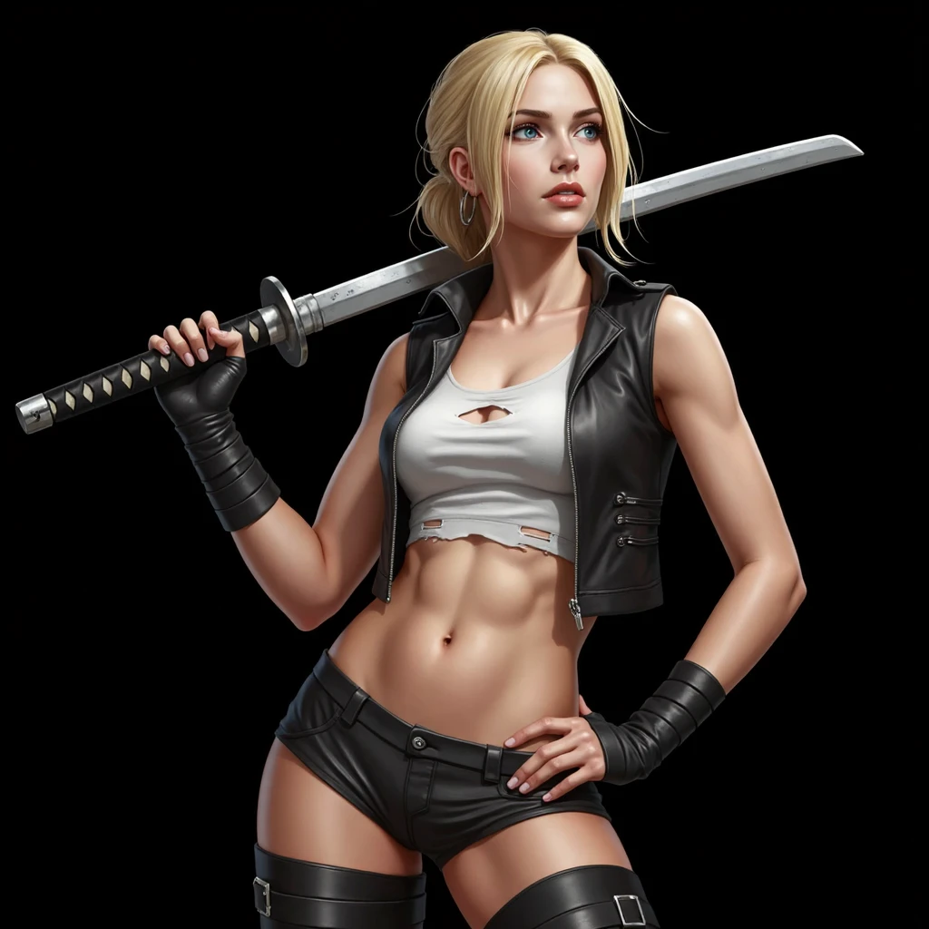 better image quality，A woman in a bikini and holding a sword stands in a room, ihr katana aus der Scheide ziehen, she holds a katana, hard pose, katana, torn clothes, holds a whip, katanas are strapped to her back, signed, posing with a sword, Irish horror, Cool image, inspired by Kano Hogai, A woman&#39;s body is defined by thick thighs, cybernetic body parts, short underwear, Woman's body defines thick thighs cybernetic body parts, short underwear，Tall and tall、Texture Tools and Model Packs，aboutн передает ощущение атмосферы, where beauty and charm coexist.，Increase realism with detail，Create a surreal, dreamy feeling。Besides，Use Midjourney Tools, to add different things to the female centaur, 4K, 8 K、about, standing, very long hair, cowboy shot, brilliant, brilliant hair, (night:1.2),Dreamy, [[gentle fingers and hands:0.55]::0.85],(detailed fingers),),(emotional),(breathtaking),(main part:1.2) whole body.), (Anime Style), (Super Detailed), (brutal), (uhd, HDR), (8k), (High Resolution: 1.2), (Complex and Beautiful: 1.2)