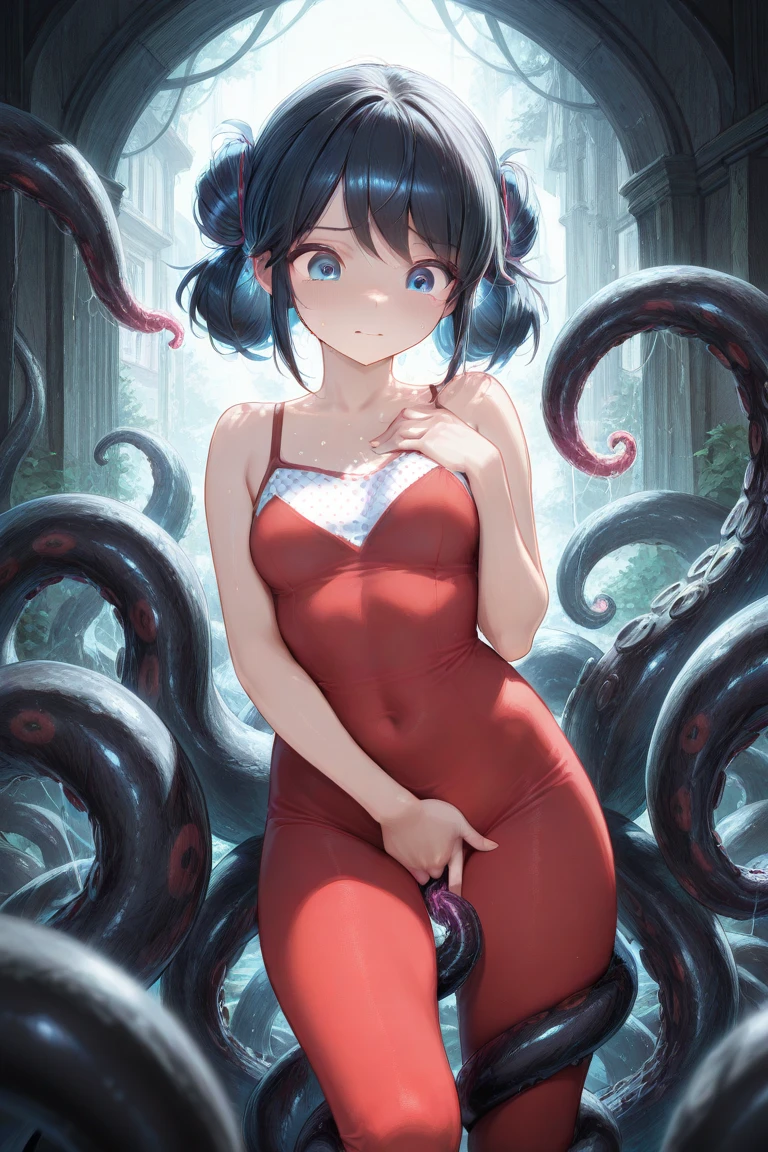 NSFW, tentacle pit, one-piece swimsuit, short black hair girl, crying with eyes open,