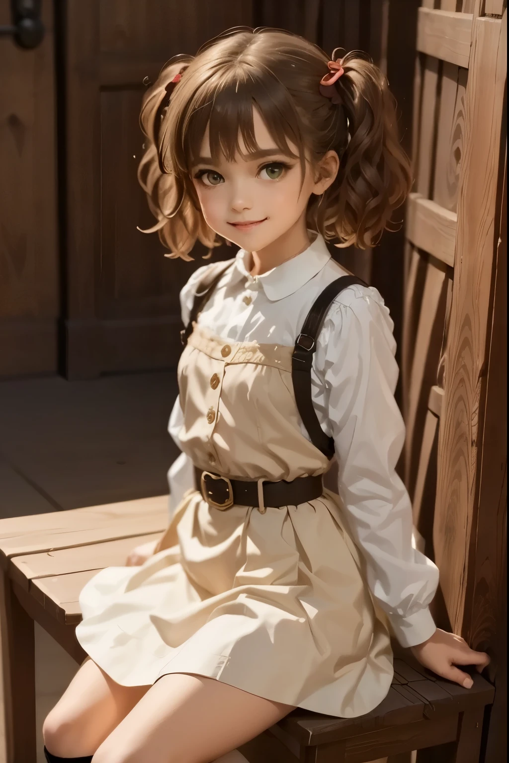 (masterpiece),best quality,amazing quality,very aesthetic,absurdres,newest,perfect body,shiny skin,perfect eyes,detail1eye,well-defined fingers,well-defined fingernails,anime style,indoors,1girl,solo,upper body,(portrait:1.5),looking at viewer,facing viewer,smile,blush,chibi,aged down,child,Shigure Ui chibi,short hair,light brown hair,twintails,pom pom hair ornament,hair intakes,green eyes,school uniform,bangs,red bow,collared shirt,white shirt,long sleeves,randoseru,red backpack,belt,black dress,sleeveless dress,pleated dress,pinafore dress,flat chest,kneehighs,white socks,black footwear,uwabaki Waiting to start