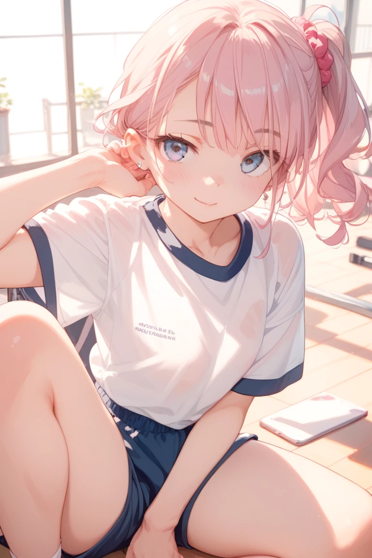 ninonakano, nino nakano, short hair, bangs, blue eyes, hair ornament, hair ribbon, pink hair, blunt bangs, two sides up, butterfly hair ornament, Real Madrid soccer uniform, white t-shirt, white shorts, white socks, soccer stadium, pink tennis shoes, classroom, BREAK looking at viewer, BREAK (masterpiece: 1.2), best quality, high resolution, unity 8k wallpaper, (illustration :0.8), (beautiful detailed eyes :1.6), extremely detailed face, perfect lighting, extremely detailed CG (perfect hands, perfect anatomy),
