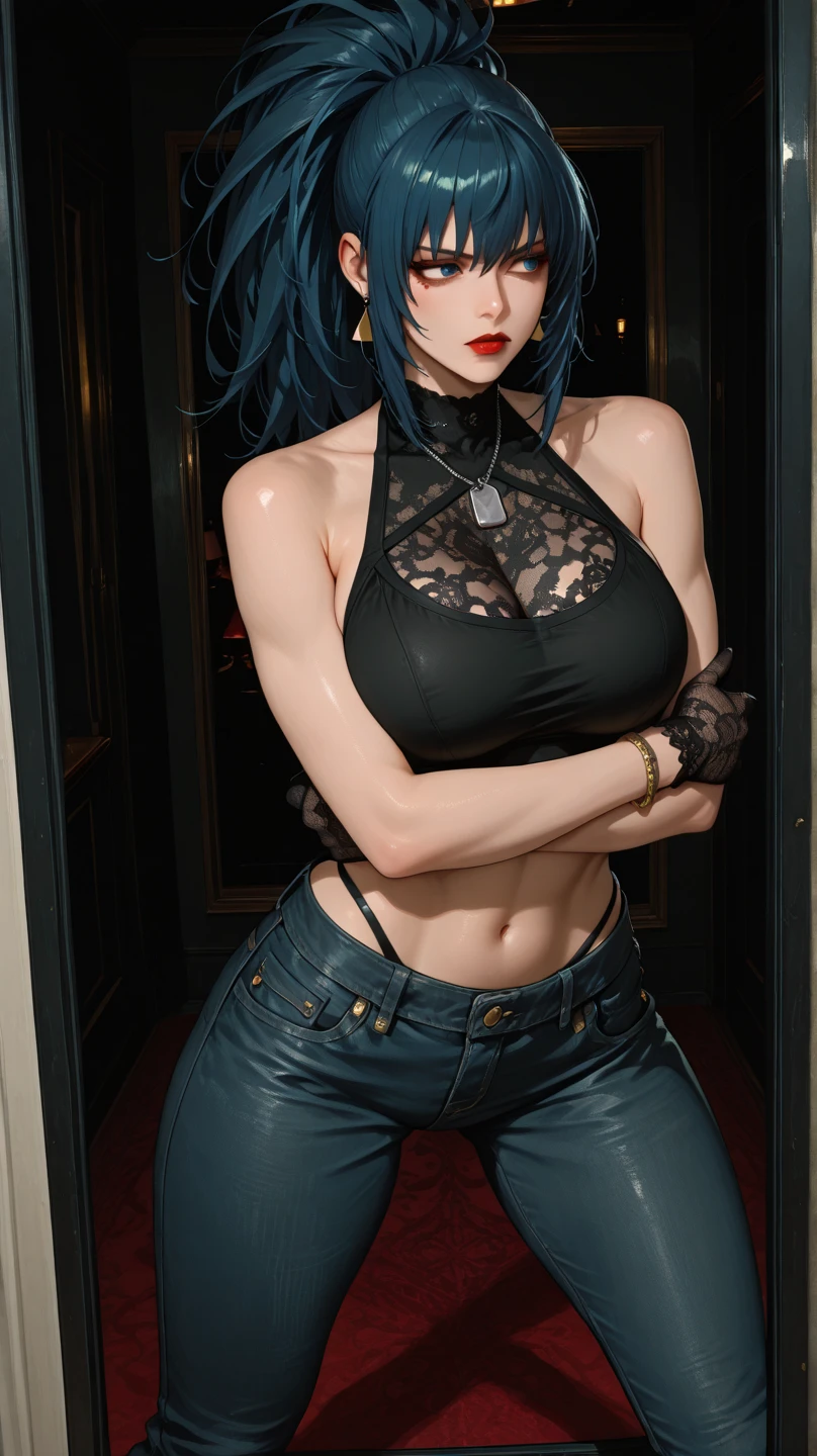 8K, Top Quality, Intricate Details, Ultra Detail, Ultra High Resolution, Masterpiece, close up shot, (full body: 1.1), Slender, Smile, (Makeup: 0.4), ((,)), (Fluffy blue Eyes: 1.21), (()), 1girl, solo, 1 girl, ((blue hair, bangs, long hair )), close up shot, , ((tall)), (((fit body))), (((slim face))), sharp face, (( )) , (detailed face), sharp face, small lips, ((,)), , ((torn outfit showings crotch and nipple,)), detailed face, detailed breast, , ((detailed nipples)), detail ass, Narrow Waist, Skinny, tall , 175 cm tall, Muscular, Navel, Exposed Abdomen, Pointed Chest,, Beautiful girl with accentuated slender abs: 1.4, Six Pack Abs: 1.4, Bust Botox, Big, Perfect Body, detail leg, (( dark background)), black background,