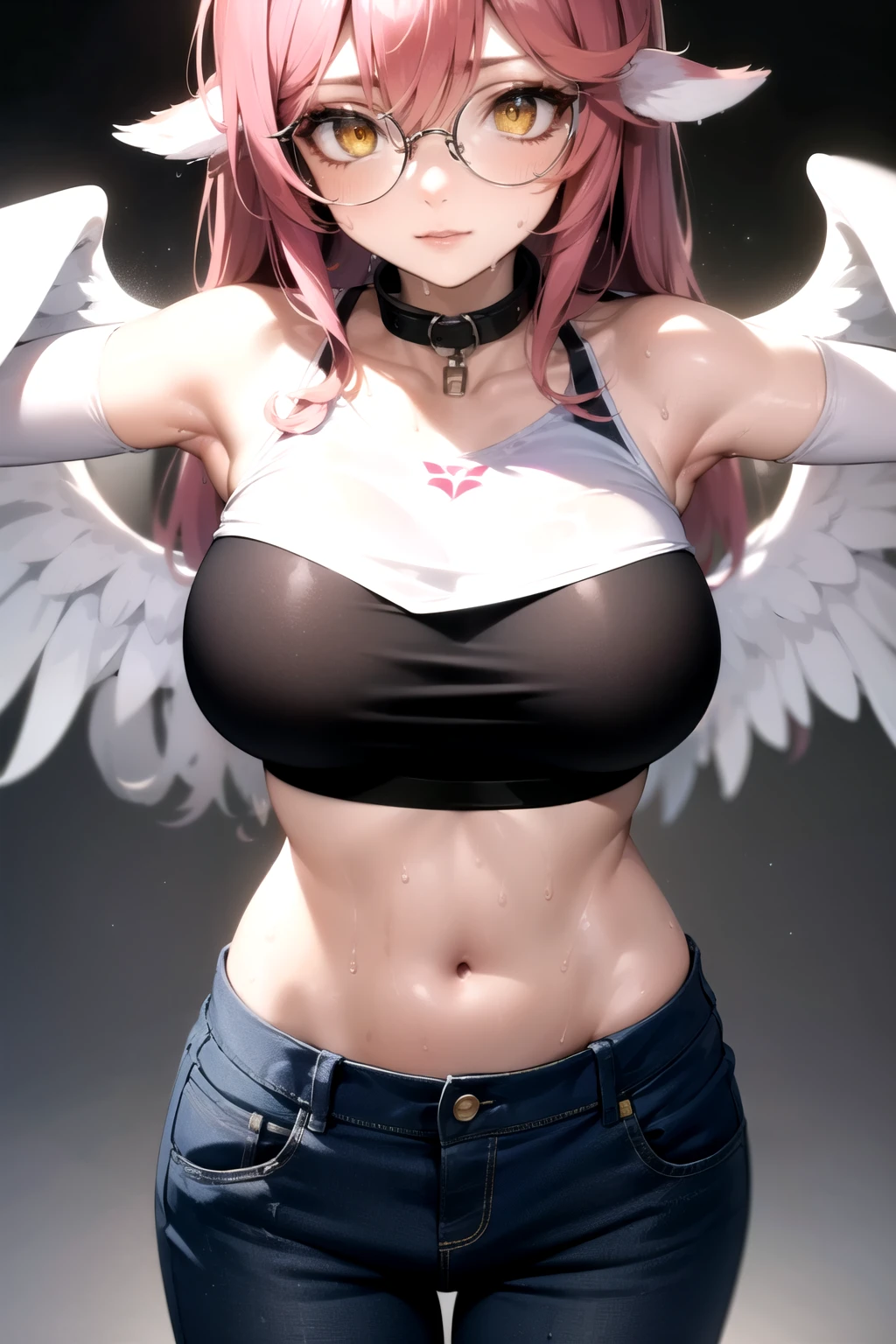 jibril, BREAK jibril, angel, angel wings, collar, animal ears, bird ears, compass rose halo, feathered wings, feathers, gradient hair, halo, long hair, low wings, multicolored hair, pink hair, symbol-shaped pupils, big breast, white wings, wing ears, wings, (yellow eyes:1.5), seductive look, seductive smile, Shiny skin, clothing. Big breast. Sexy, hot, attractive, alluring, narrow eyes.
BREAK zoomed in, cropped face, (elbow gloves, black crop top, midriff, tank top, round glasses:1.3), (jeans, denim pants:1.1), (open pants:1.4), (her pants are slightly down:1.3). long sleeves, hot, breast tattoos, (sweat:1.7), (wet:1.2). (tattoos:1.1), voluptuous, curvy. armpits.
BREAK (masterpiece:1.2), best quality, high resolution, unity 8k wallpaper, (illustration:0.8), (beautiful detailed eyes:1.6), extremely detailed face, perfect lighting, extremely detailed CG, (perfect hands, perfect anatomy), narrow eyes.