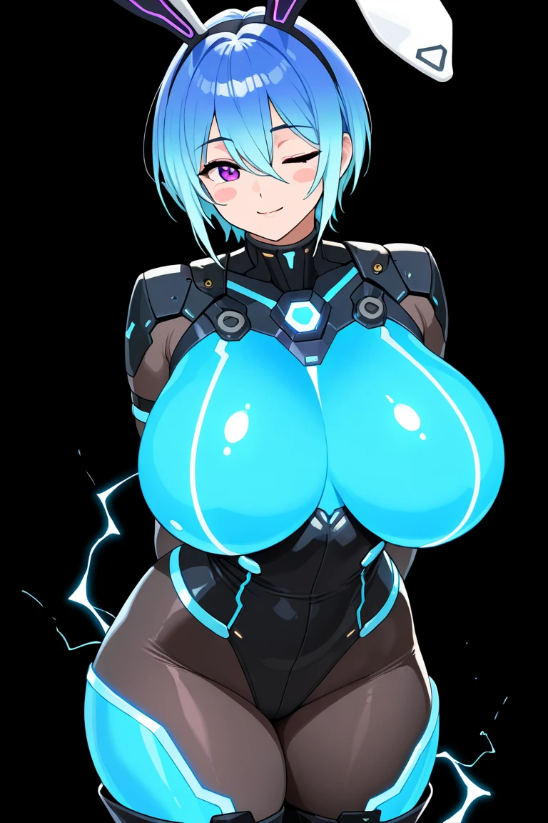 1girl, breasts, huge breasts, thick thighs, wide hips, blue hair, very short hair, (very short hair), pixie cut, ((pixie cut)), blue eyes, rabbit ears, bunny ears, light skin, white skin, (petite), ((petite)), ((small)), white bodysuit, bodysuit, smile, neon, neon trim, neon lights, machinery, tech, futuristic, science-fiction, cleavage, ((bent over)), bent over