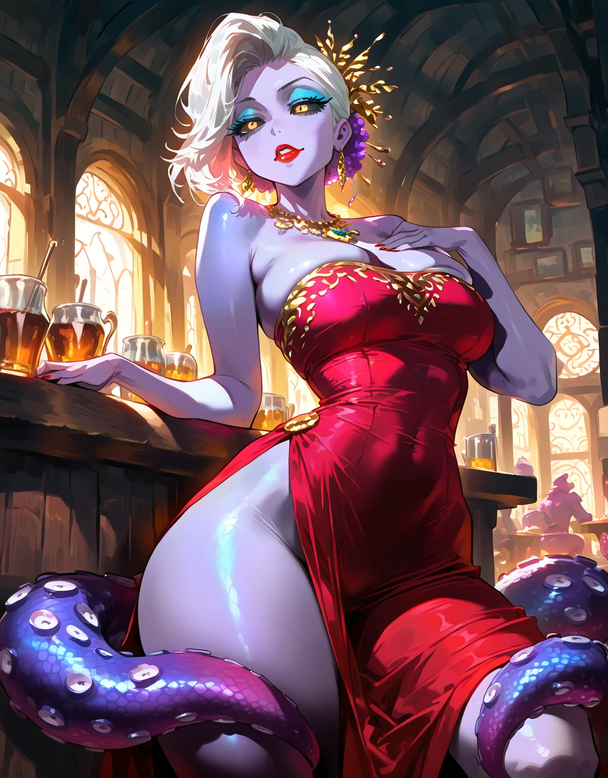 a portrait of an exotic, elegant beautiful mecha woman eating an epic, (legendary strawberry: 1.3) in cocktail party , ((full body: 1.5)), ((anatomically correct: 1.5)), (ultra detailed face: 1.2), dynamic eye color, glowing eyes, dynamic hair color, dynamic hair style dynamic skin complexion, wearing 1960's glamour intricate dress, high. fashion dress, dynamic color dress , wearing high heels, cocktail party background, vibrant, Ultra-high resolution, High Contrast, (masterpiece:1.5), highest quality, Best aesthetics), best details, best quality, highres, 16k, (ultra detailed: 1.5), masterpiece, best quality, (extremely detailed) RAW, (ultra details, Masterpiece, best quality), Hyperrealism style, MechanicusStyleAI,