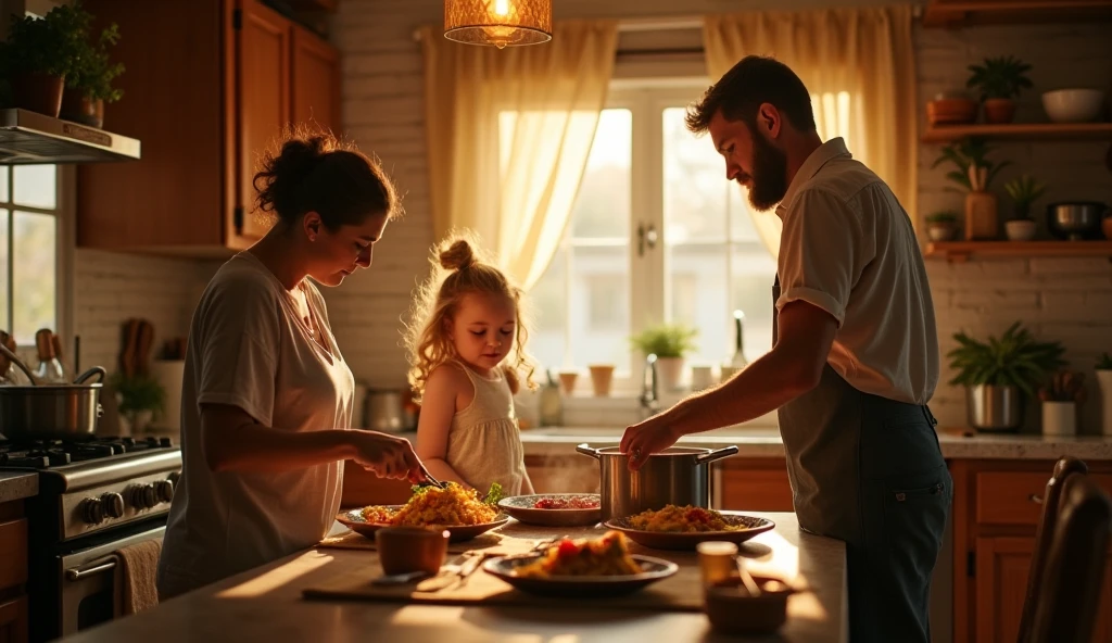 Logo cover for restaurant with Japanese characteristics, Italian pasta dough, Brazilian family, woman with medium blonde hair, cooking with her long black haired Japanese husband, a with curly light brown hair cooking together and a little Japanese baby on her husband's lap, with the name of the restaurant written "PraJapa", Indian spices and bottle of beer