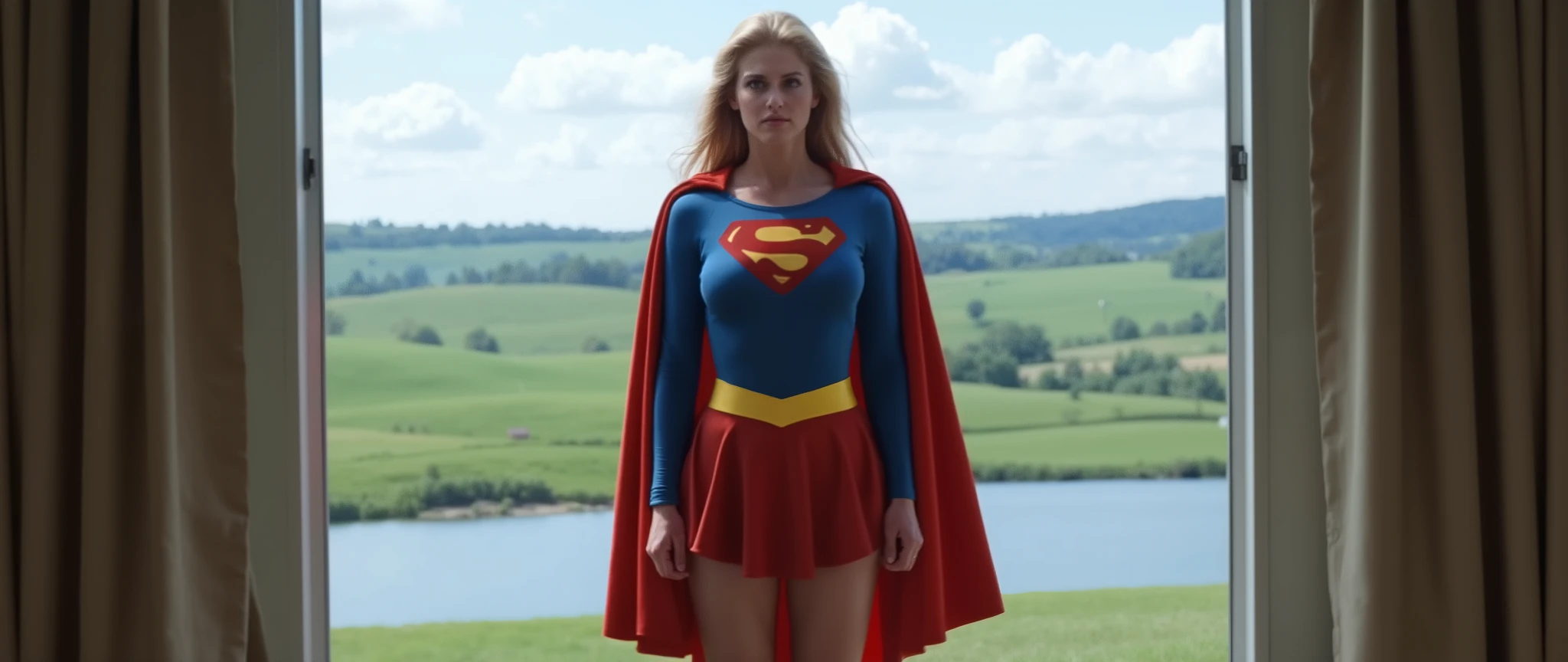Na verdade, nesta **nova imagem**, the scene changes completely and takes us to a much more **introspective and symbolic** of the character. ** Image Description :** Vemos **Patricia — or Superwoman (((Supergirl 50years old; long hair) (((very beautiful old Superwoman))) — floating outside a large glass window**, with a natural horizon in the background: ** campos verdes , gentle hills and a serene lake** under a clear sky with fluffy clouds. The landscape in the background is beautiful and silent, contrasting with the contained power of the figure in the center. - **position:** She is not standing — she is **levitando**, which immediately communicates that **no longer belonging to the common ground of mortals**. The body is perfectly erect, firme, but without apparent effort. A true portrait of balance between strength and control. standing position. 
- **Roupas:** The uniform remains the same: **just blue with the red and gold “S” on the chest**, **short red skirt**, **long boots and a flowing cape**. But, aqui, the costume seems almost ceremonial, as if she were about to make a definitive decision.

- ** Expression:**  Her face is serious , almost neutral — but with a deep look, **charged with decision and melancholy**. As someone who observes, but also evaluates. like moment as if she were about to enter that place—or leave it forever.

- **Atmosfera:** There is a subtle tension, as in a moment that precedes revelation or transformation. The interior of the house seems empty, silencioso. E ali, Out of the glass, there she is — **between the natural and the human world, between the desire to belong and the duty to move away.**
 