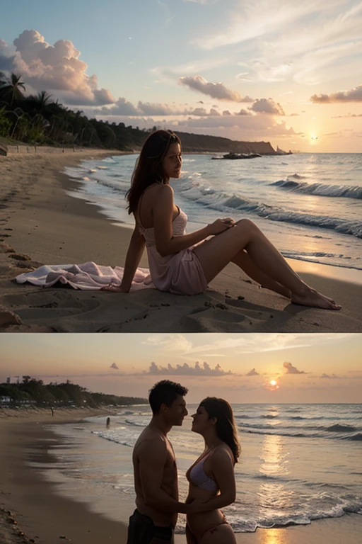 A contemporary tableau of a couple sharing a passionate kiss on a sunlit beach in 2023, rendered in the dreamlike and lush style of John William Waterhouse.