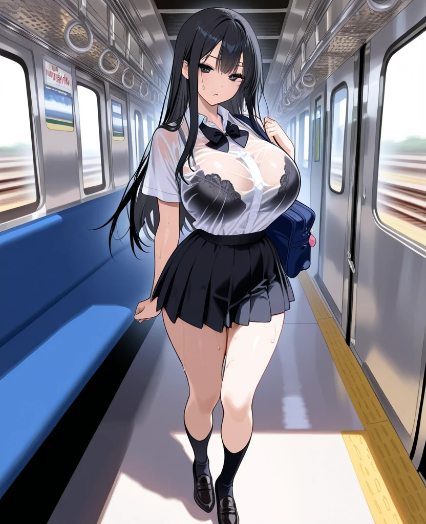 (A man grabs a woman's breasts from behind, perfect hands, perfect five fingers), NSFW, anime cel style, highest quality, High resolution, (Only the upper body is naked), (huge breasts exposed:1.8), white sailor suit, (String panties), short sleeve, red neckerchief, blue skirt, eyes are blue, purple hair, bangs, side ponytail, hair ornaments, (intertwining of men and women), ((cowboy shot:1.6)), blush, fear, cry, open your mouth, ((take a photo of the whole:1.6)), (on the train)