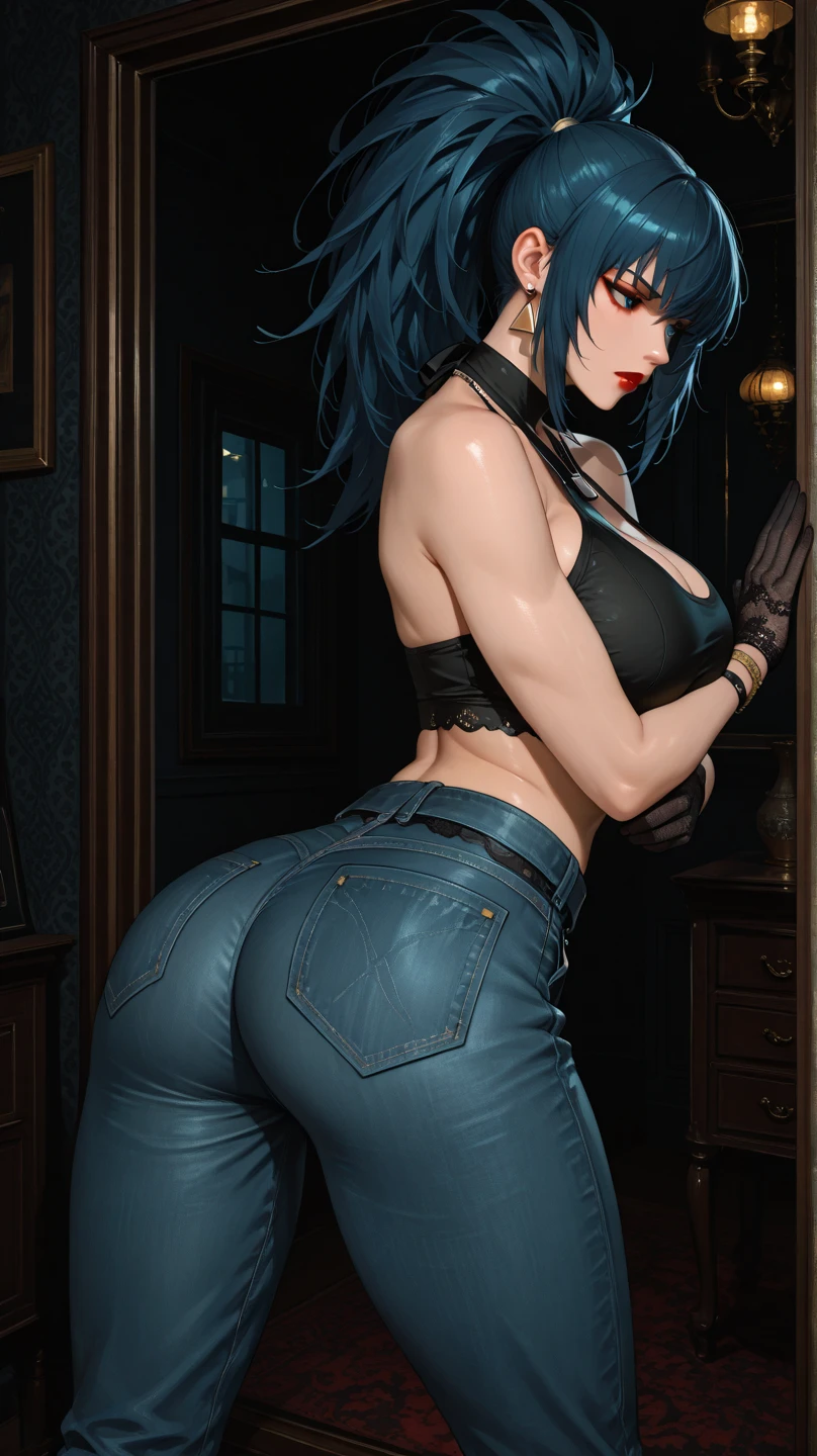 8K, Top Quality, Intricate Details, Ultra Detail, Ultra High Resolution, Masterpiece, close up shot, face shot, close up shot, shot from behind, (, )) (()), (Looking back), (full body: 1.1), Slender, Smile, smirk, detailed face, (Makeup: 0.4), ,(( bangs, blue eyes, blue hair, bangs, , )), (Fluffy Eyes: 1.21), (()), 1girl, solo, 1 girl, (()), close up shot, , ((tall)), (((fit body))), (((slim face))), sharp face, ((walking pose)) ,(detailed face), sharp face, small lips, smirk, smile ,(( ass , butt cheek,)) ,, ,
((, , wind blow hair, )), , ((naked, nude, )), detailed face, detailed breast, large breast, huge breast, detailed ass , detail nipples ,, Narrow Waist, Skinny, tall , 190 cm tall, Muscular, Navel, Exposed Abdomen, Pointed Chest,, Beautiful girl with accentuated slender abs: 1.4, Six Pack Abs: 1.4, , Perfect Body, detail legs, (( dark background)), black background,